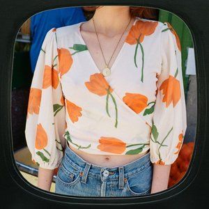 ganni tulip print wrap top